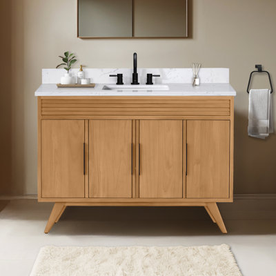 Meuble-lavabo simple en teck naturel 48 po avec plateau en pierre reconstituée Hoult