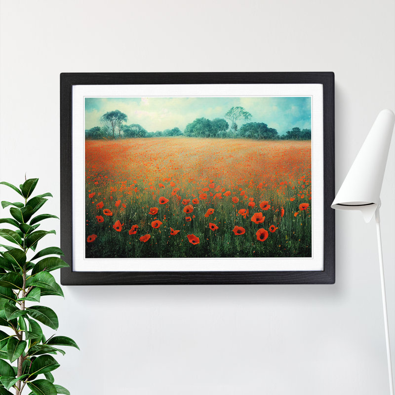 Pleasant Poppy Field Flowers 1 Piece Single Picture Frame Wall Art, 25cm H x 34cm W x 2cm D, Black Framed
