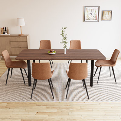 7 - Pieces Modern Oak Kitchen Dining Set, 63'' to 78.7'' Extendable Dining Table with 32.4"H Upholstered Dining Chairs for 6 Person