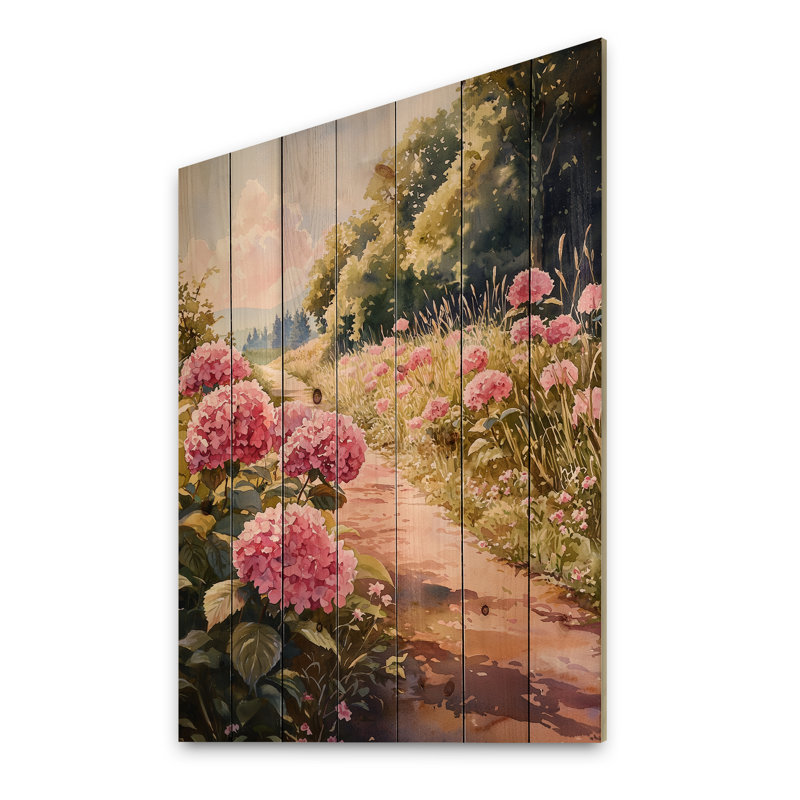 Hortensias dans une allée de campagne II - Art mural en bois d'hortensias - sur bois de pin naturel