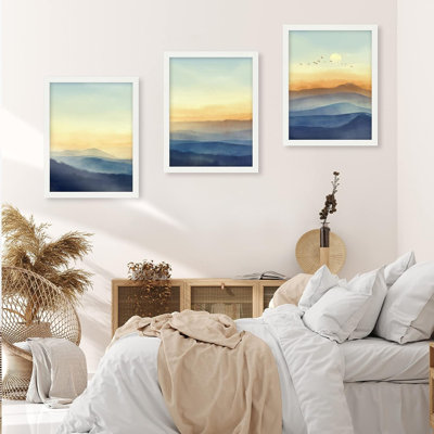 Abstrait paysage aquarelle encadré montagne, ensemble de 3 impressions murales pastel aube du matin, décoration murale nature sauvage pour salon, chambre à coucher 3 pièces