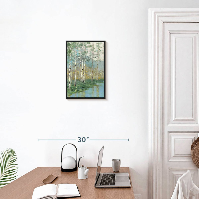 Birch Reflections I, 13 po x 19 po, Cadre flottant noir