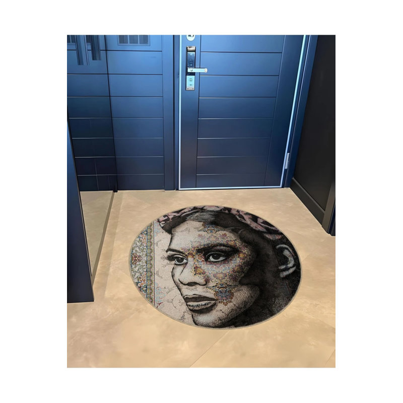 Black And Beige Woven Carpet With A Woman's Face And Ethnic Patterns, Round 4'