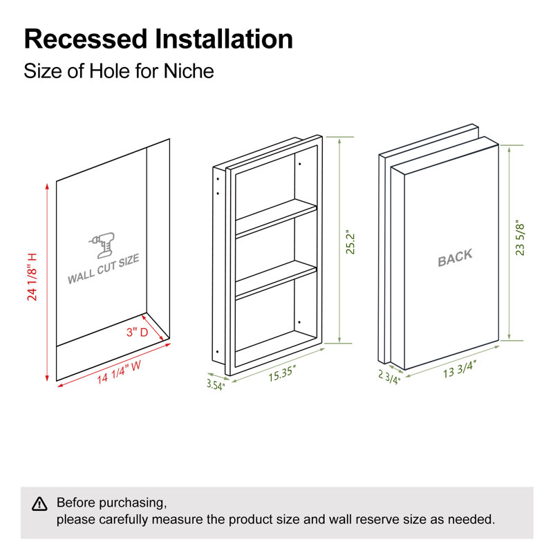 Armoire murale en niche 15,3 "x 25" avec 3 tablettes, Noir mat