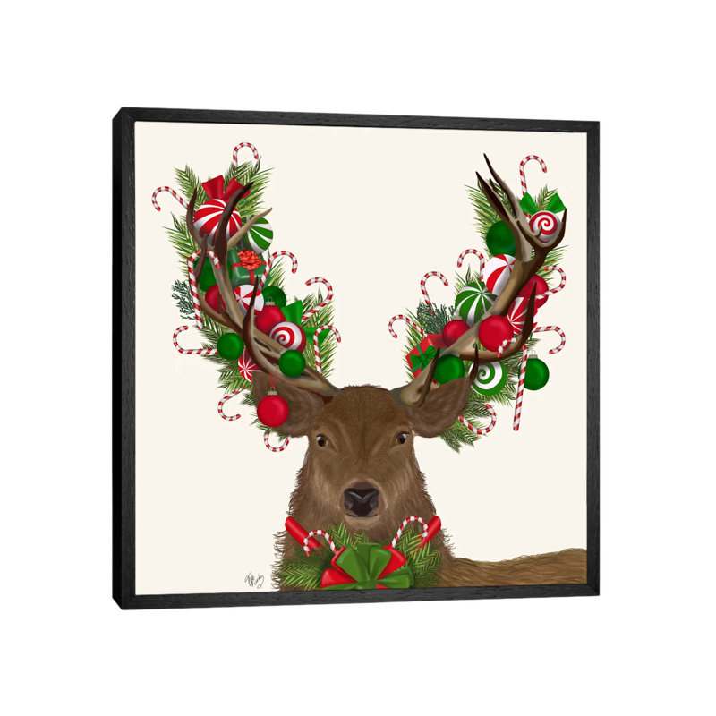 Deer, Candy Cane Wreath 1 Piece Painting on Canvas, 93.98 cm H x 93.98 cm W, Black Floater Framed