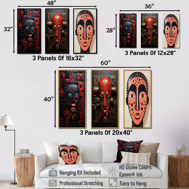 Guerrier zoulou masque africain I - ensemble de salon art mural masque africain, Cadre flottant noir, H 32 po x l 48 po