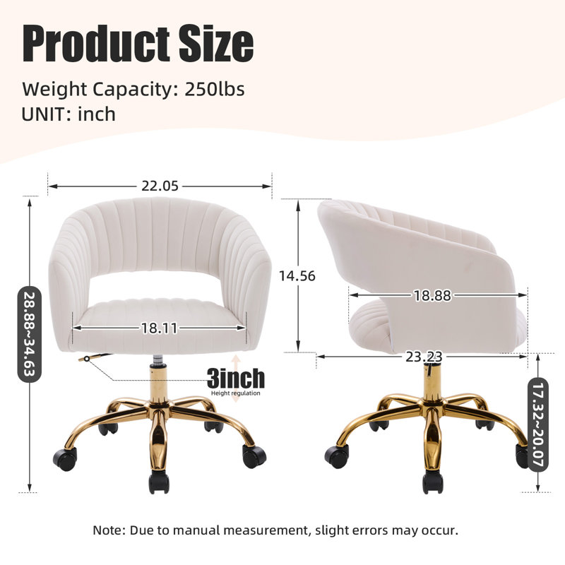 Chaise de bureau en velours avec roulettes, fauteuil de bureau pivotant avec base dorée, Beige