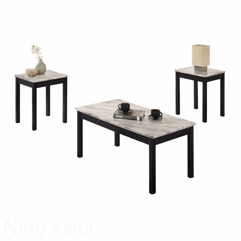Ensemble de tables basses 3 pièces 1 table basse et 2 tables de bout avec plateau en faux marbre blanc et pieds noirs