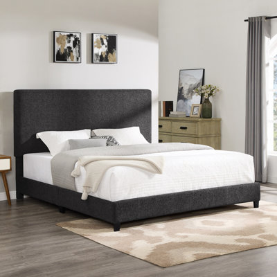King Size Charcoal Gray Upholstered Platform Bed with Durable Polyester Fabric and Strong Plywood Frame