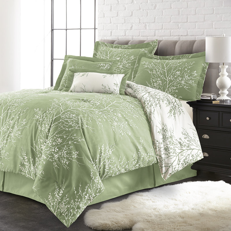 Foliage Reversible Comforter Set, Sage/White, Twin Comforter Set + 4 Additional Pieces