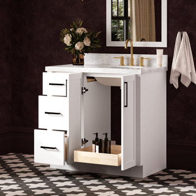 Meuble-lavabo ovale simple décalé à droite de 94 cm (37 pouces) avec comptoir en marbre blanc de Carrare de 3,8 cm (1,5 pouce) d'épaisseur.