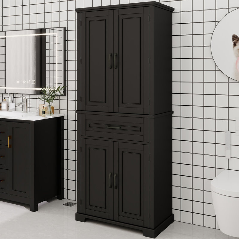 Armoire de rangement pour salle de bain avec portes et tiroir, plusieurs espaces de rangement, tablette réglable, noir, Noir