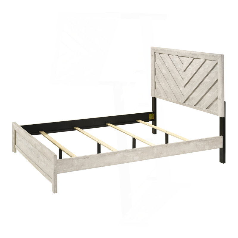 1Pc Bed Rustic Beige Grey Finish Wooden Bedroom Furniture Geometric Design Chevron Pattern, King