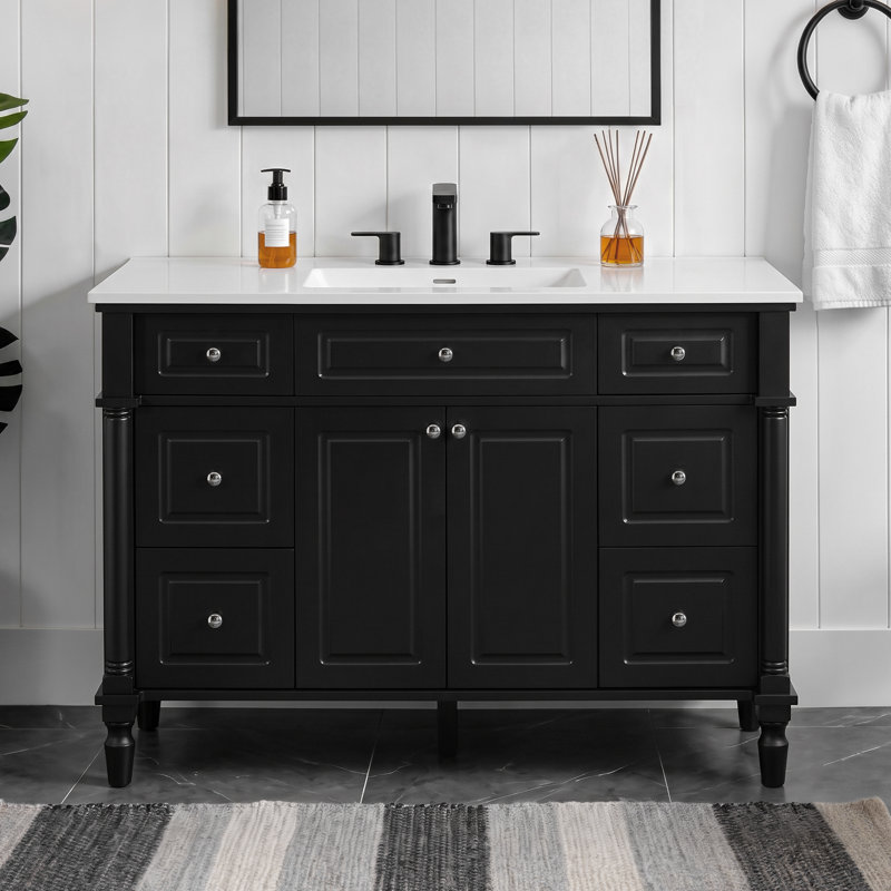 Freestanding Standard Single Vanity Bathroom Vanity With Resin Top, Black