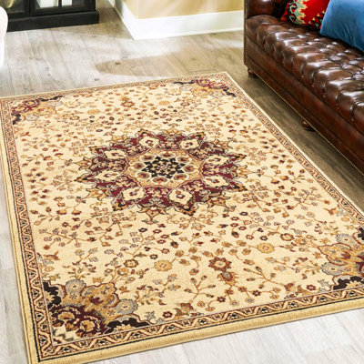 Tapis classique couleur crème, 15,8 kg, base en polypropylène, élégant motif médaillon, profondeur 312 cm, confectionné avec un motif tendance