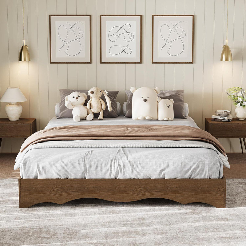 Lit plateforme en bois Wave Design - profil bas sans tête de lit, silencieux, sans sommier tapissier, Twin, Brown