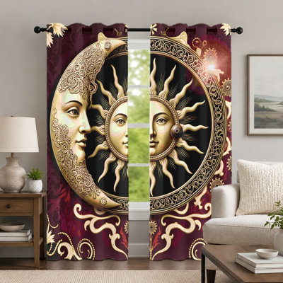 2Pcs Sun and Moon Themed Curtains, Mystical Celestial Style Window Drapes, Vintage Bohemian Printed Art Grommet Panels, Window Treatment for Bedroom Living Room Decor