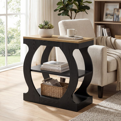 Table d'appoint moderne à 3 niveaux avec structure incurvée, table de bout étroite en bois pour le salon ou les petits espaces, chêne rustique et noir