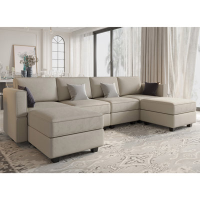 Nairoby 7-Piece Velvet Symmetrical Upholstered Modular Sectional Sofa Set Storage Sofa Apartment Couch 4-Seat Sofa with 2 Ottomans