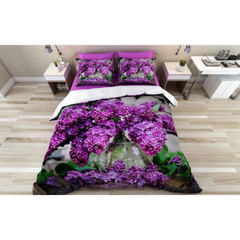 Ensemble de housse de couette, Housse de couette pour très grand lit et 2 taies , Mauve / vert / gris floral
