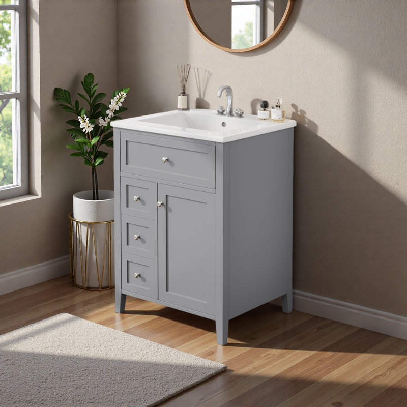 Meuble-lavabo de 24 po avec lavabo, panneau de fibres à densité moyenne et bois d'hévéa, 3 tiroirs et armoire avec tablettes réglables, conception moderne pour les petites et moyennes salles de bain