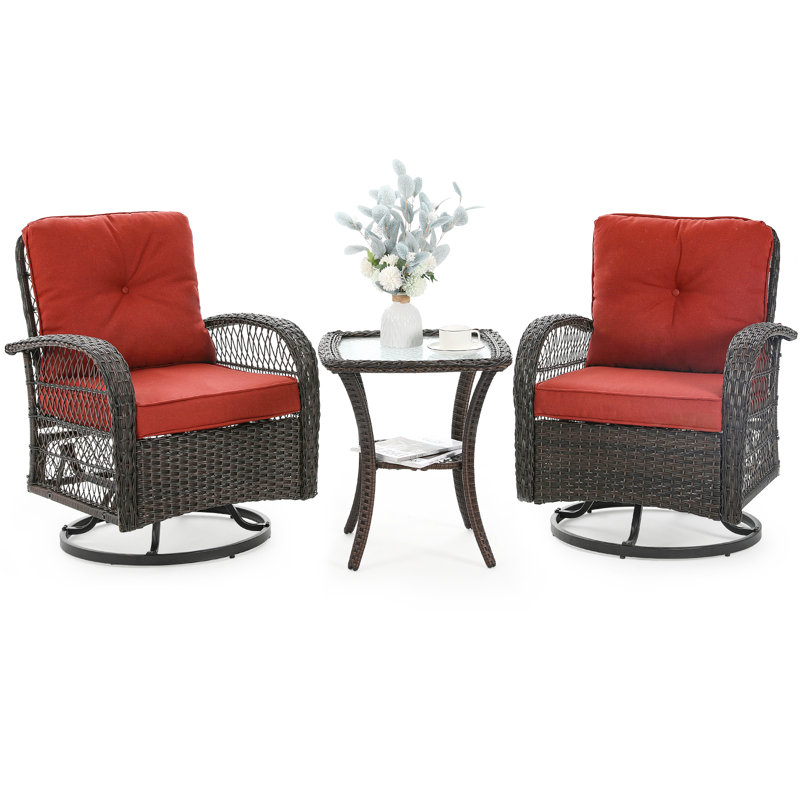 Kaycey 3-Piece Outdoor Rattan Swivel Glider Seating Group with Cushions, Wine Red, Brown