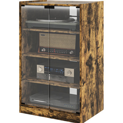 Rustic Brown Media Cabinet - 4 With Adjustable Shelves & Tempered Glass Doors For Gaming Console, Player, Receiver, Laptop, Books Cabinet, Brown, Shelves, Cable Management Home Theater Accessories