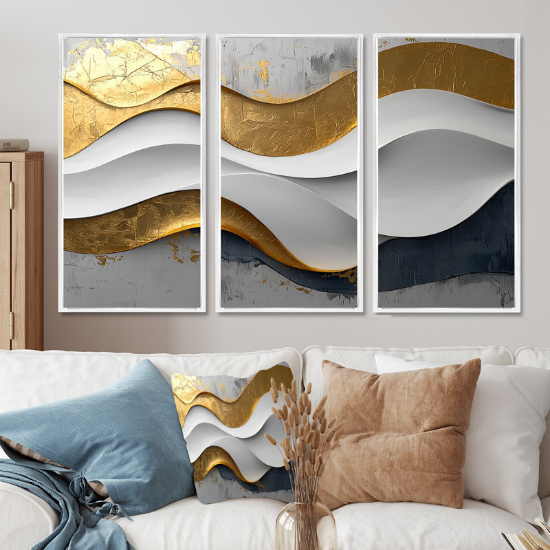 Newman VI - art mural vagues - 3 panneaux, H 28 po x l 36 po, Impression encadrée sans passe-partout, Blanc