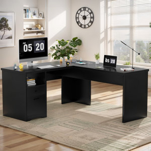 Swapan 56'' Lift Top L-Shaped Desk with Drawers and Power Outlets, Executive Desk