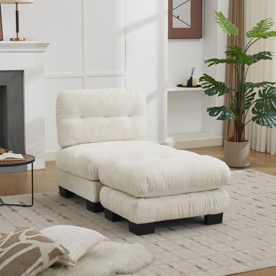 59.06" Chenille Upholstered Chaise Lounge With Ottoman, 300 Lbs Weight Capacity, Beige