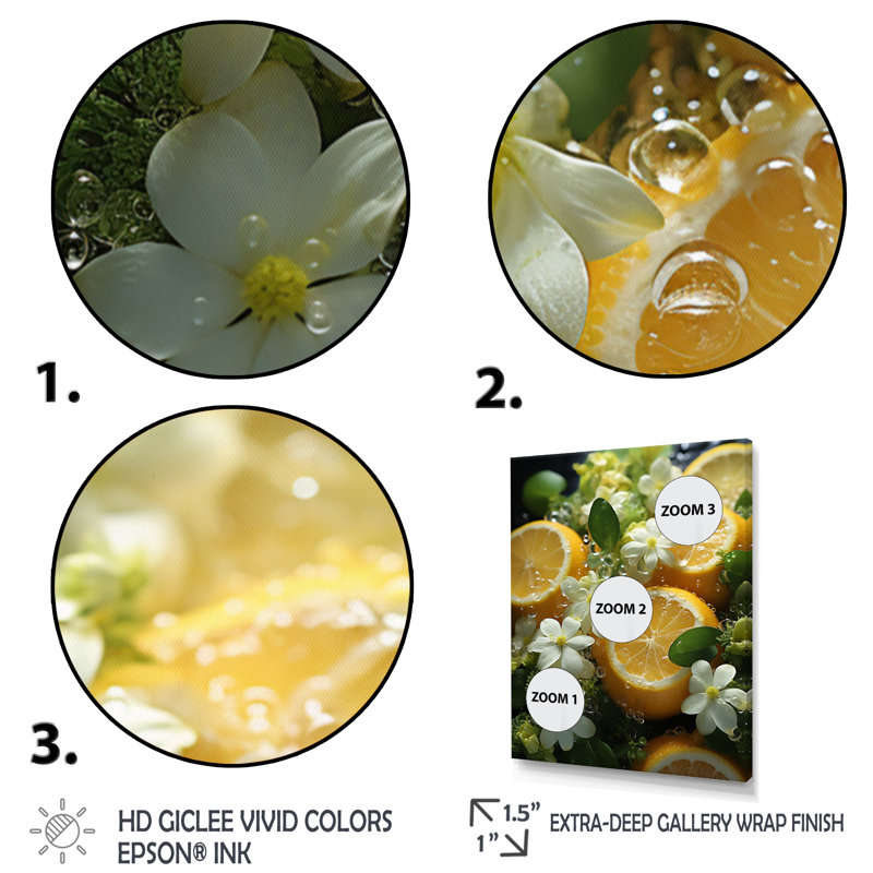 Chockla - Agrumes jaunes - collage sans couture I - impression, Encadrement doré, H 40 po x l 30 po x P 1,5 po
