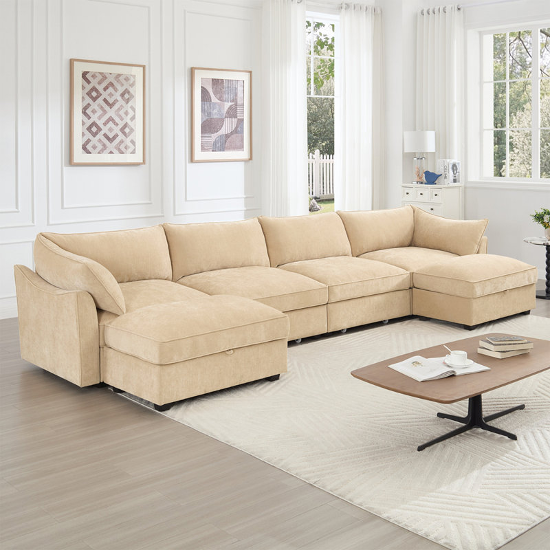 Canapé en U à 4 places avec repose-pieds avec repose-pieds, canapé à 4 places avec 2 repose-pieds mobiles, canapé modulaire surdimensionné avec 6 sièges et tiroir de rangement sous chaque siège, chenille