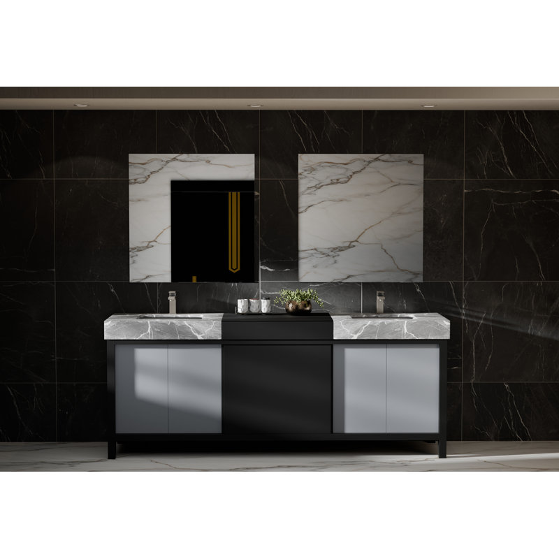 Meuble-lavabo de salle de bain 84 po Lexora Zilara en noir et gris, avec comptoir et lavabo