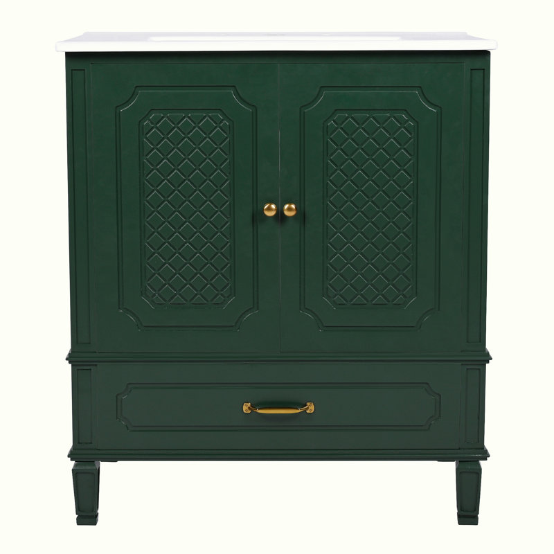 Bathroom Vanity with Sink, Cabinet with Drawers, Green, Gold