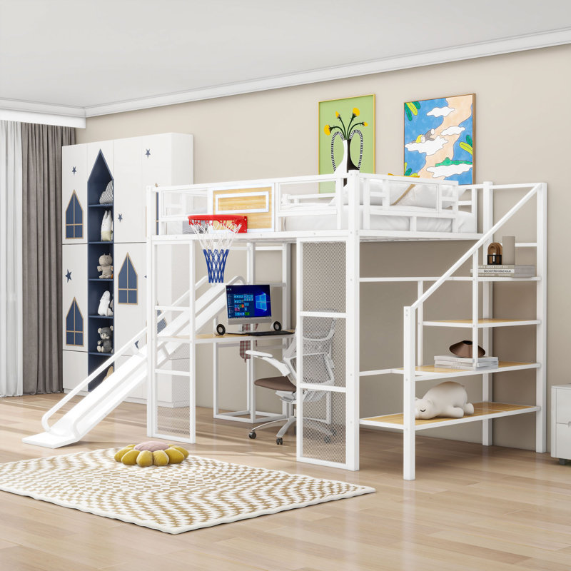 Lit mezzanine double en métal avec bureau, glissade, panier de basketball et escalier, Blanc