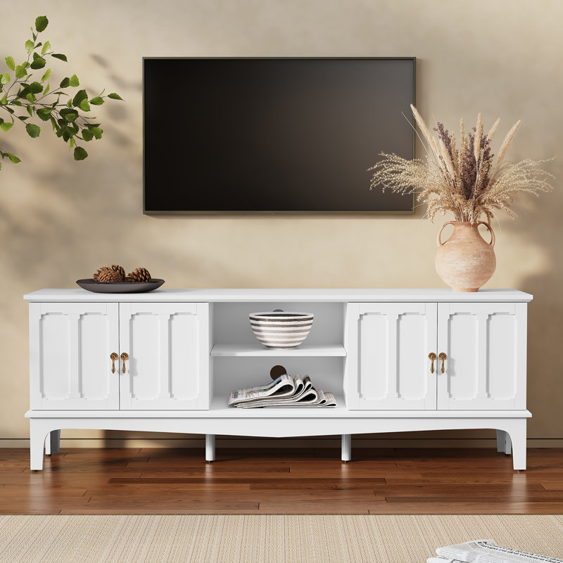 67" Mid-Century Modern TV Stand with Storage Cabinets & Open Shelves, Retro Entertainment Center with Solid Wood Leg, Holds TVs up to 75"