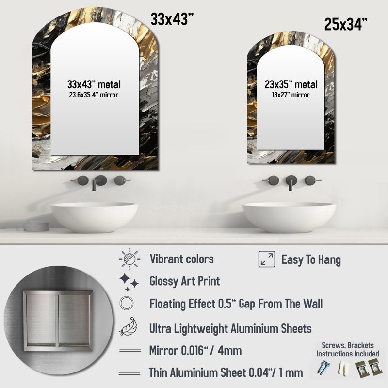 Imminent Bliss Bold Textured Gold and Black V - Abstract Painting Asymmetrical Unique Wall Mirror, Modern Unique Shape Mirror, Printed Metal Art