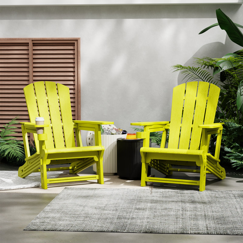 Two in a set  Adirondack Chair with Cup Holder All-Weather Reclining Chair for Patio Deck Backyard and Poolside, Yellow