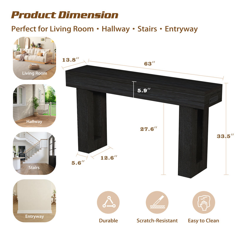 63 Inch Long Console Table With Outlets And Usb Ports, Wooden Sofa Table Behind Couch With Led Lights, Farmhouse Rectangular Entryway Accent Table For Living Room, Hallway, Entrance