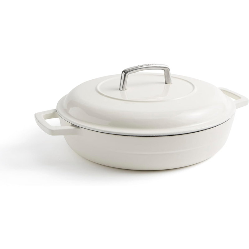 White Enameled Cast Iron Round Braiser with Lid