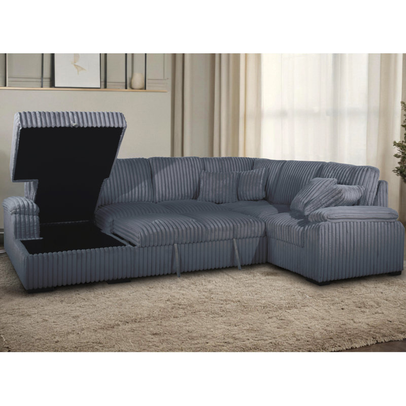 Corduroy U-Shape Sectional With Pull Out Bed & Storage Chaise + 6 Pillows, Dark Gray Corduroy, Left Hand Facing