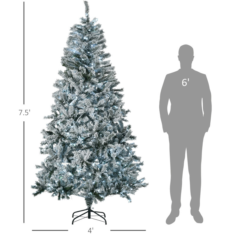 Arbre de Noël artificiel 7,5 pi avec lumières à DEL blanc froid, floqué, ignifuge, ouverture automatique, installation rapide, 1254 branches, arbre floqué 500 lumières, hauteur 90,5 po, ignifuge, ouverture automatique