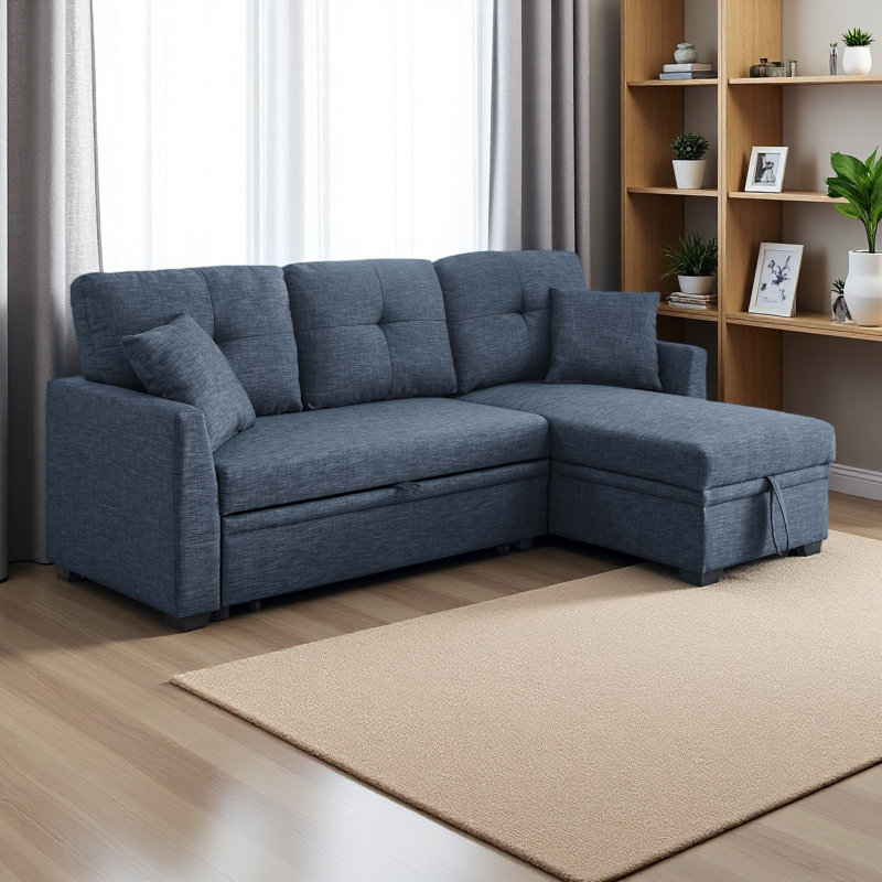 Canapé modulaire 76,5 po en mélange de lin avec lit escamotable et méridienne, Bleu très foncé