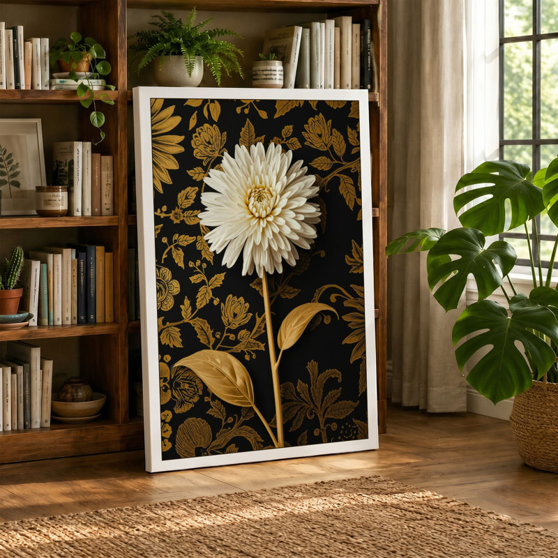 Golden Gerbera Botanical - Wrapped Canvas, 36x24 - 91.4 x 61.0 cm, Teal Border