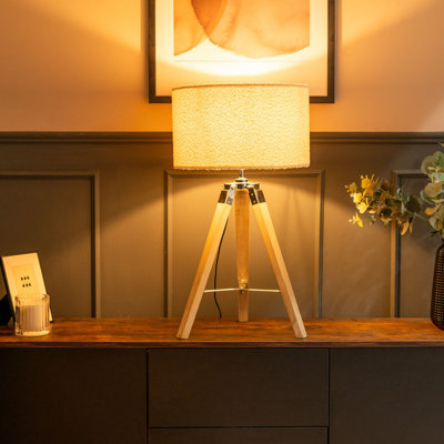 Plamond Light Wood Tripod Table Lamp with Cream Boucle Reni Shade and 6W LED GLS Bulb