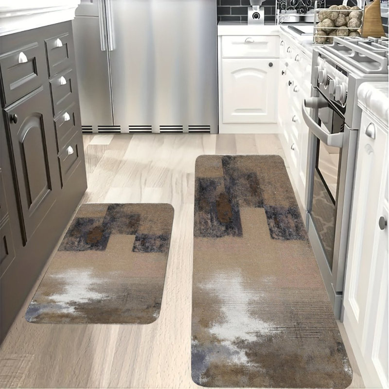 Earthy Abstract, Kitchen Mats Set of 2, Brown/White Abstract