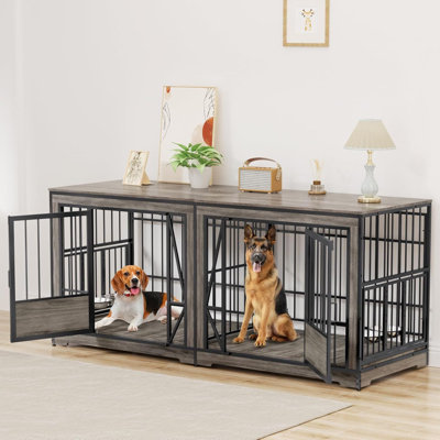 61'' Double Dog Kennel Furniture for 2 Dogs, TV Stand Dog Cage with Adjustable Divider, Heavy Duty Dog Crate Indoor with 4 Bowls, XL Dog Crate End Table for Medium Small Breed, Grey