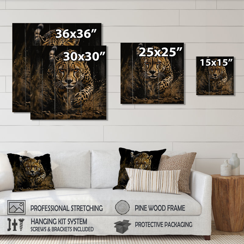 Running Black Cheetah II - Owl Animal Wood Wall Art On Natural Pine Wood, 15" H x 15" W