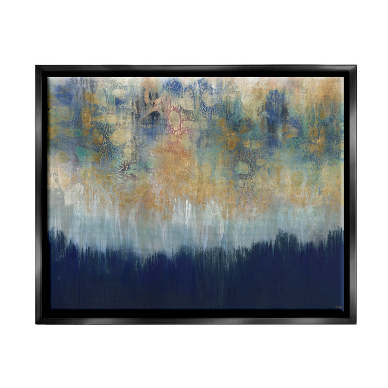 Abstrait, art texturé sur toile bleu doré, Cadre flottant noir de jais, H 25 po x l 31 po x P 1,7 po