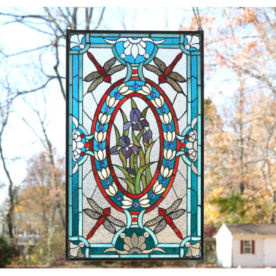 Panneau de fenêtre en vitrail à fleurs Iris et libellule